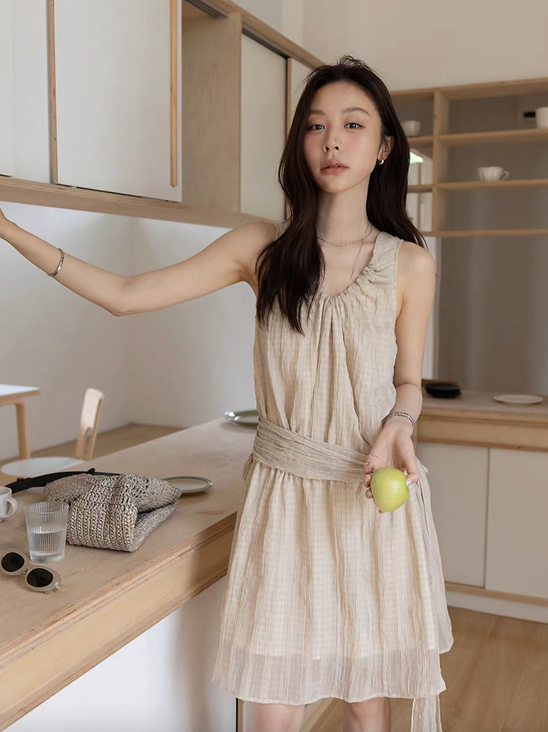 Checker poly sheer beige collaratte +sleeveless drawstring lined dress set 5