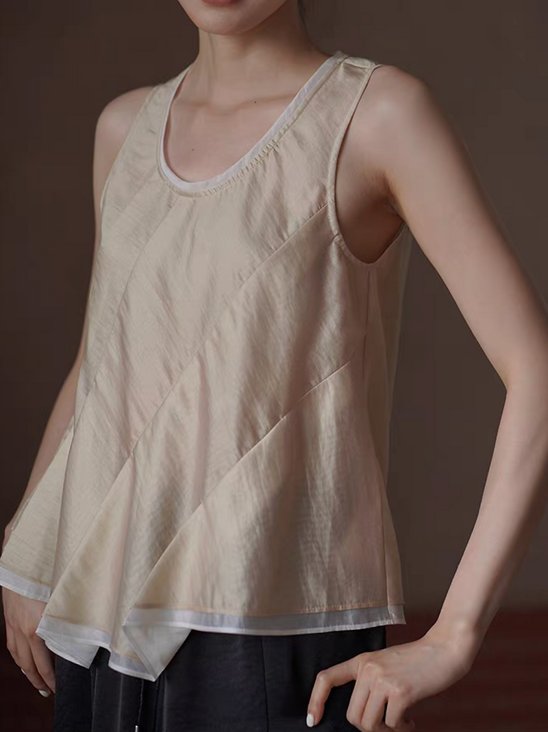 U neck ivory trim bicolor tencel asymmetric champaign pleated vest 1