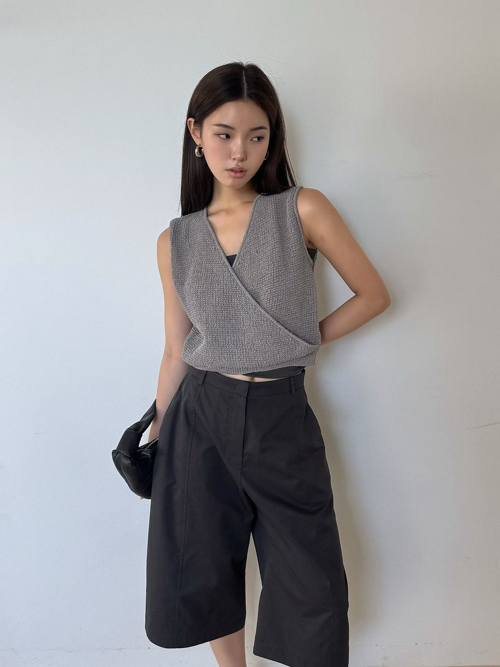 Thumbnail: V neck overlapping cotton poly knitted sheer vest