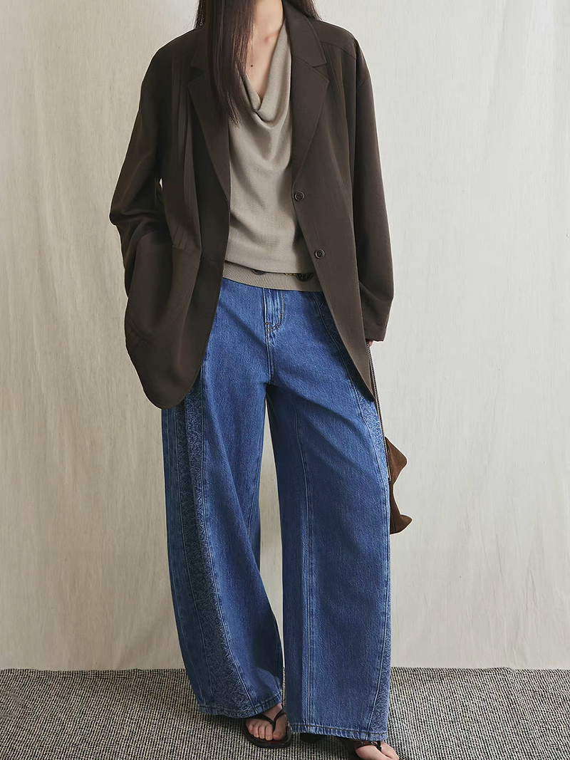 Side floral embroidered contour high rise acid washed retro blue pants 3