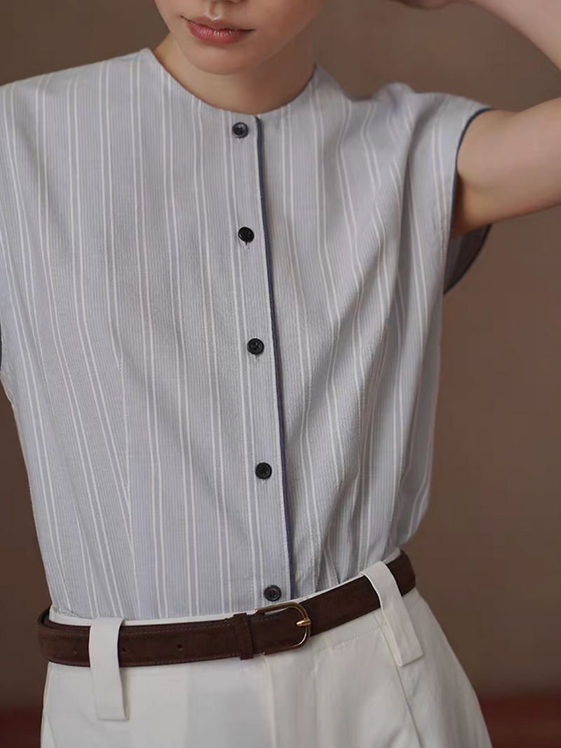 Greyish light blue striped navy trim pure cotton vest / blouse 1