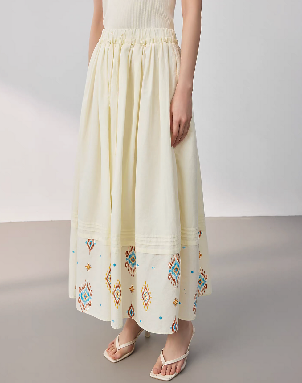 Thumbnail: Cream ivory pleated embroidered linen cotton elasticated drawstring skirt