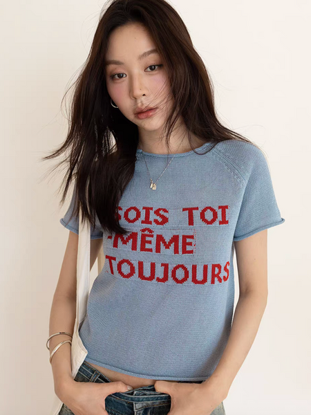 Linen lyocell rayon intarsia knitted French typography rolled trim top