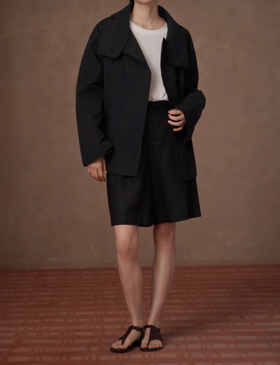 Thumbnail: Black cotton rayonb mid length jacket