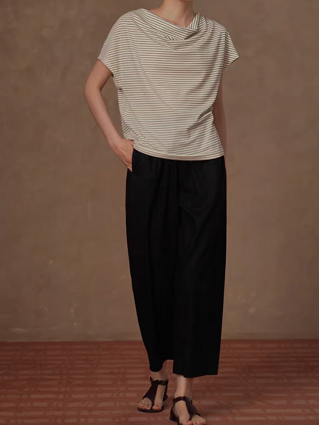 Striped ivory asymmetric drape collar cotton tee / blouse 4