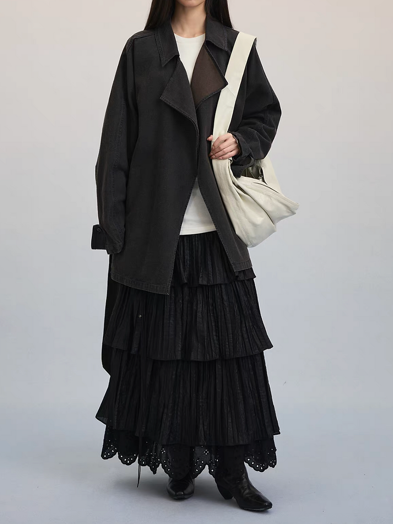 Asymmetric ruffled laced trim side drastring elasticated cotton tencel skirt 3