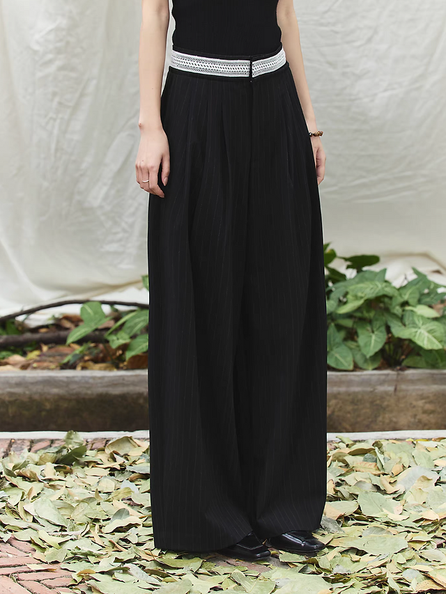 High waisted striped black poly rayon laced waistline straight pants 11