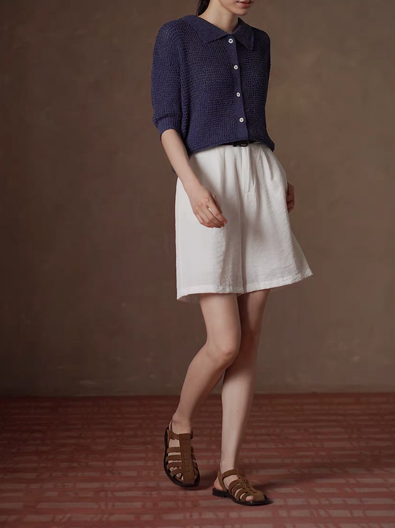 Navy poly knitted polo buttoned top 5