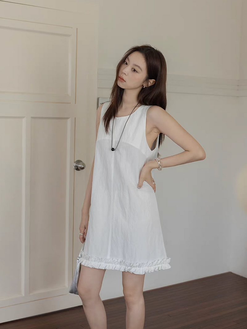 White crewneck ruffles trim rayon nylon sleeveless dress / vest 6