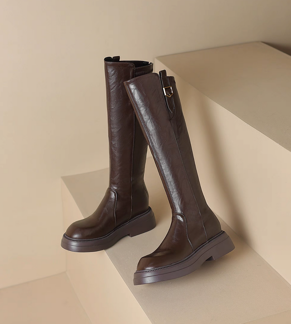 Thumbnail: Calf leather buckle strap contour knee length boots