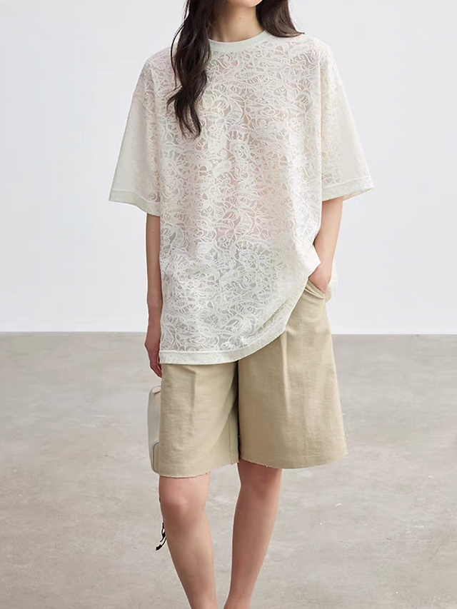 Ivory lace patterned lyocell cotton rayon mid length docking tee 6