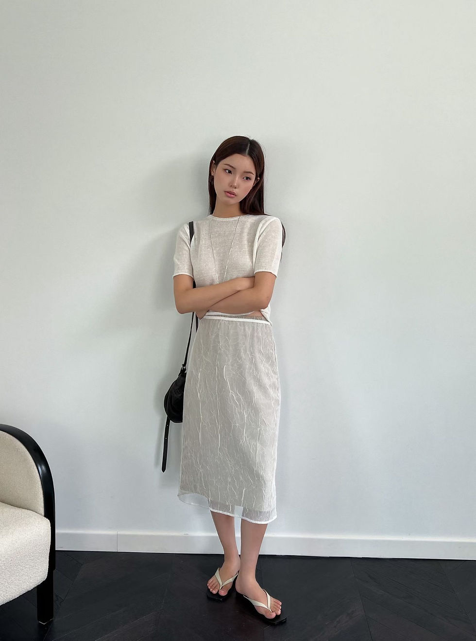 Thumbnail: Pure embossed layered back knot elasticated back slit sheer pencil skirt