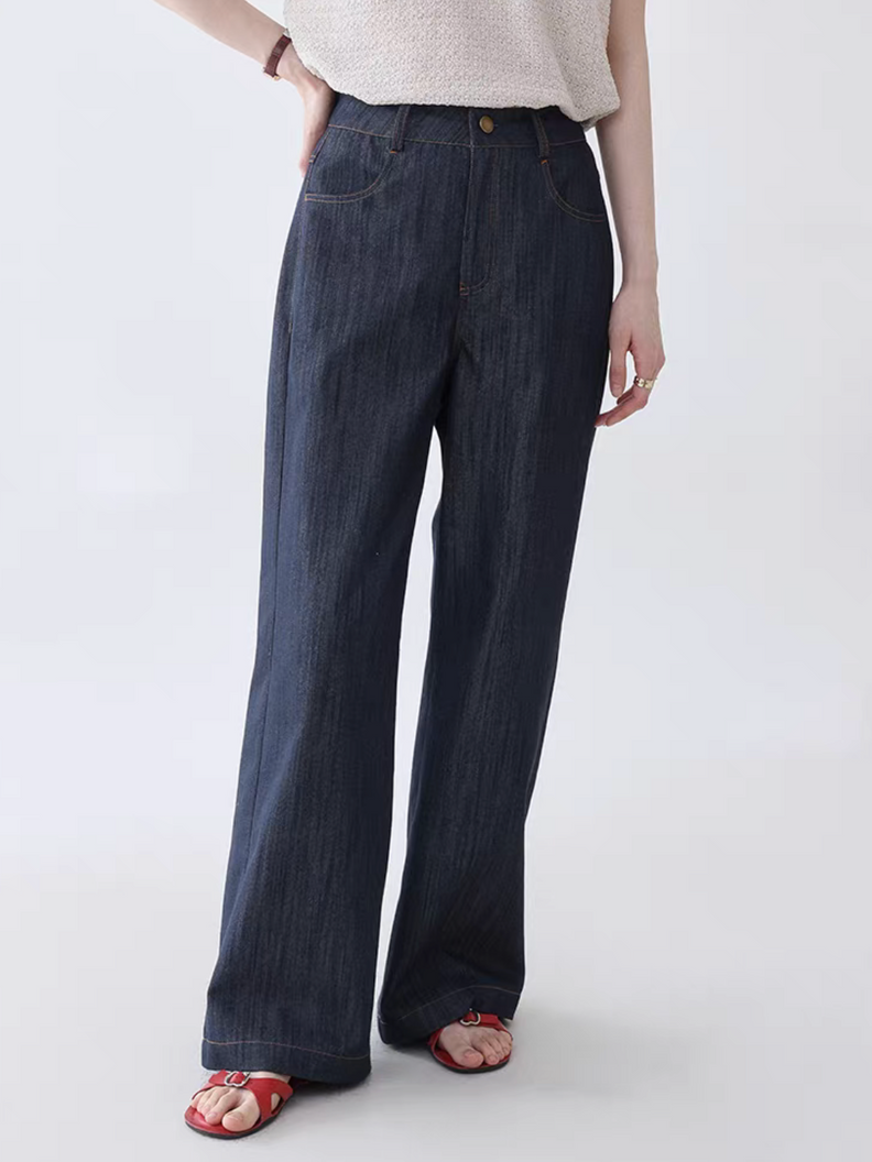 High waisted denim dark navy bronze stitched straight pants 2