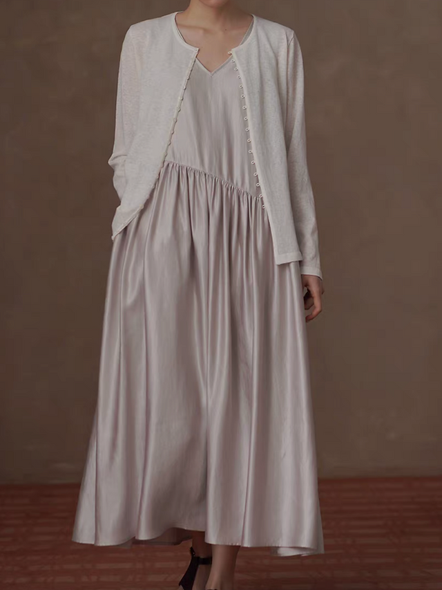 Greyish champagne color V neck tiered poly satin maxi sleeveless dress 5