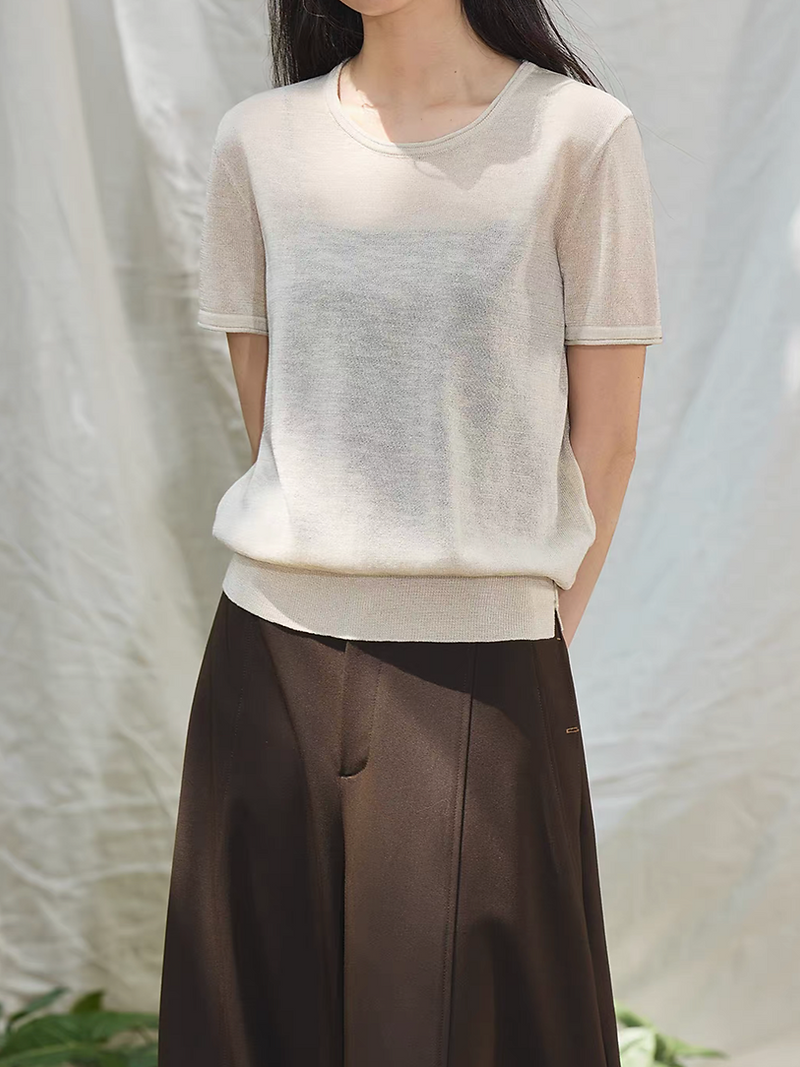 Tencel linen crewneck side buttoned slit knitwear 5