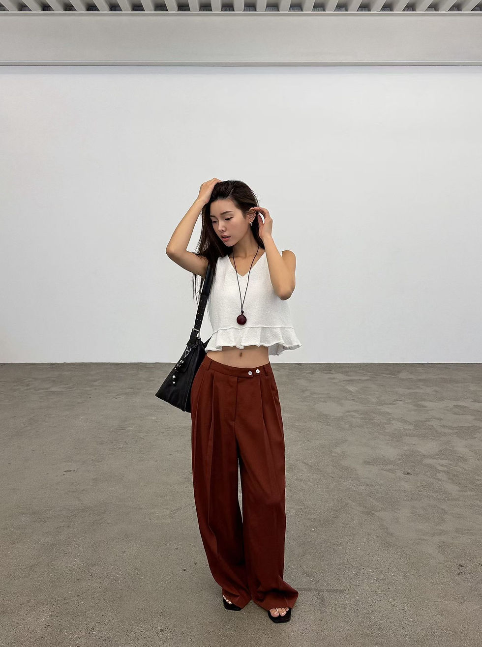Thumbnail: Side double buttoned strap pleated linen rayon straight leg pants 