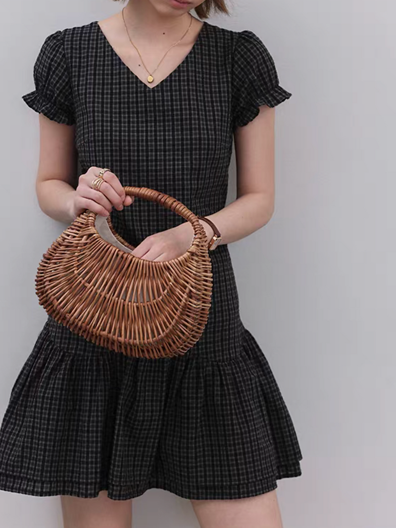 Charcoal black checker V neck puff sleeves midi dress 2