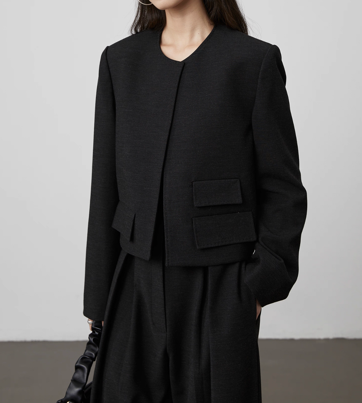 Wool rayon poly satin lined stitched trim pockets cropped jacket