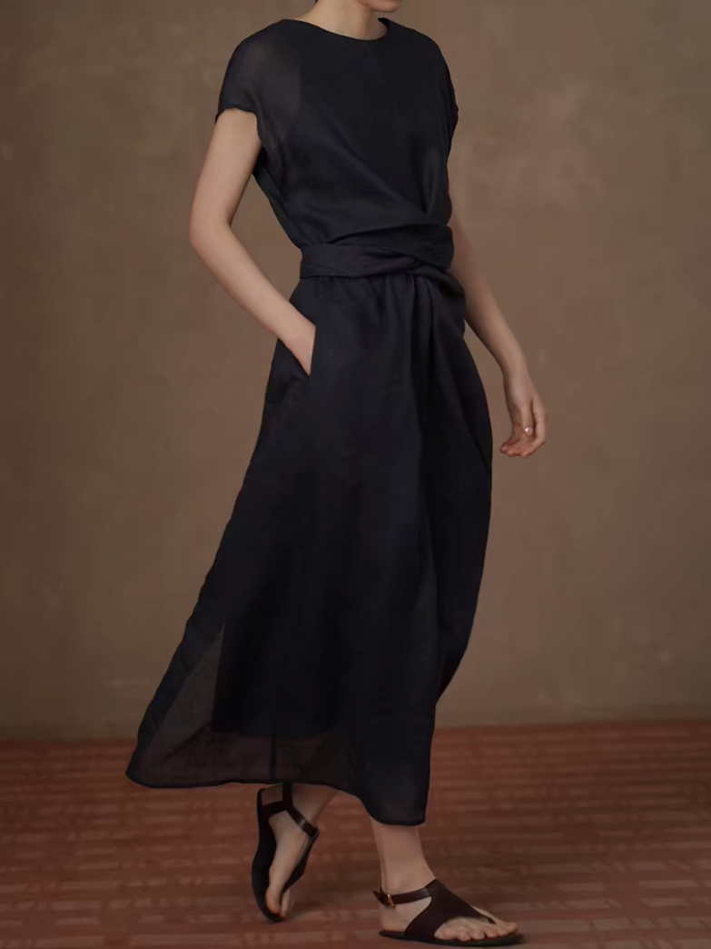 Pure linen navy waist twist flutter sleeves sheer dress with under dress set 7