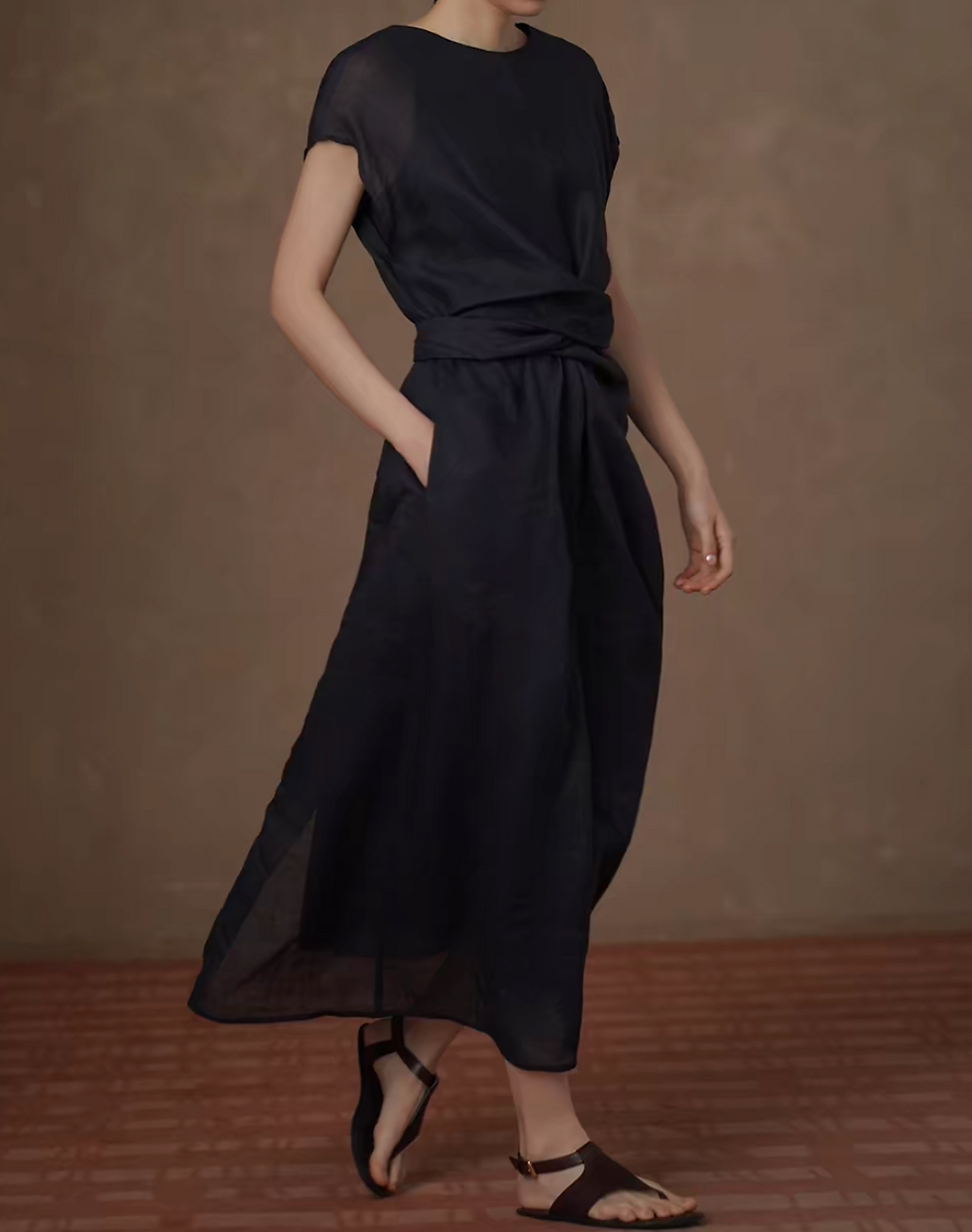 Thumbnail: Pure linen navy waist twist flutter sleeves sheer dress with under dress set