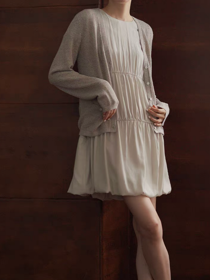 Ruffled sora poly chiffon lined puff sleeves midi puff side pockets dress 7