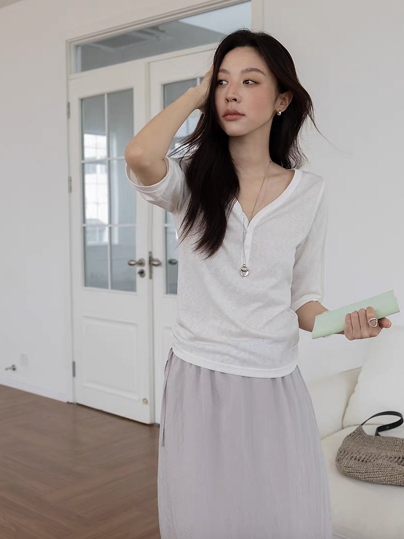 V neck buttoned strap tencel cotton two way tee 9