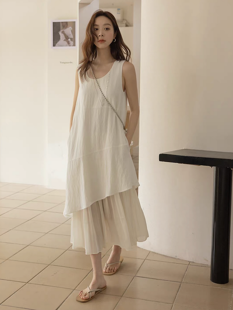 Ivory tencel cotton satin layered asymmetric sleevesless dress 8