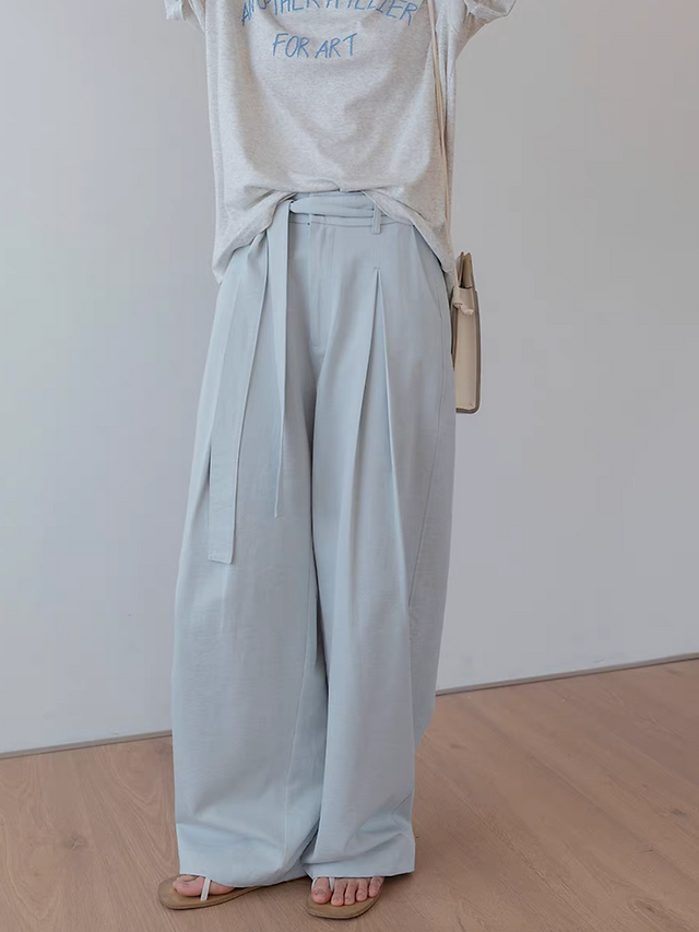 High waisted belted pleated cotton rayon straight pants 4