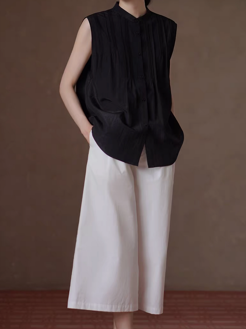 Crewneck pleated buttoned black tencel vest 4