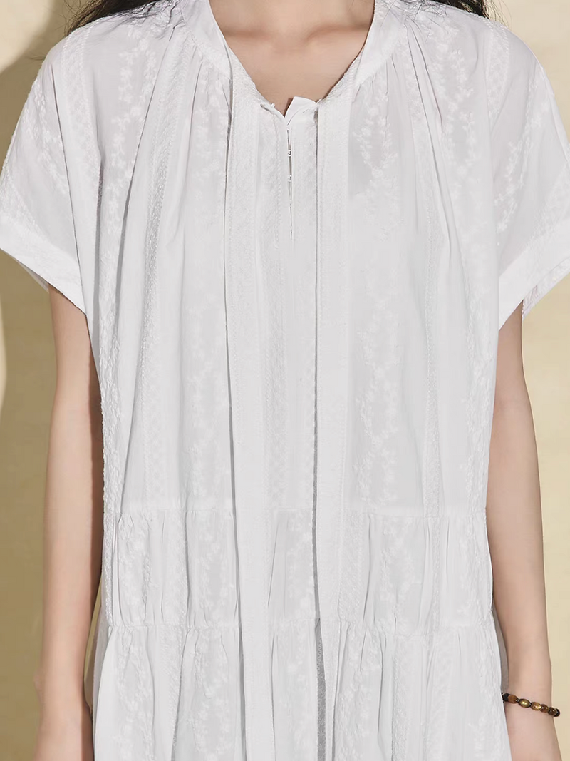 Embroidered ivory white cotton collaratte maxi dress 4
