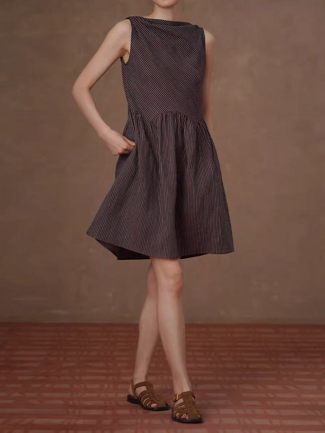 Oxford striped lyocell linen drape collar A line high waisted sleeveless dress 7