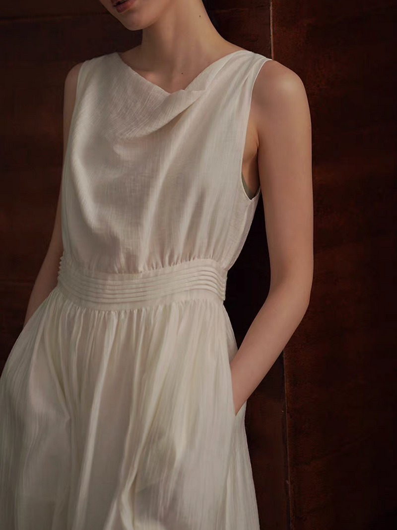 Ivory drape collar lyocell poly elasticated waistband sleeveless dress 2