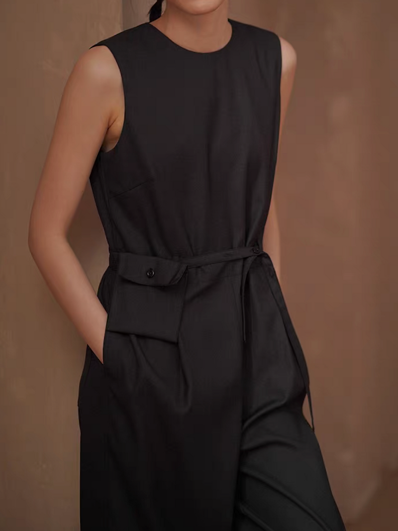 Belted charcoal cotton poly rayon sleeveless romper 7