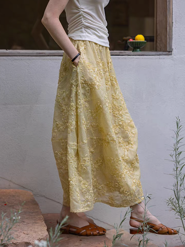 Embossed floral mustard yellow drawstring elasticated tencel linen skirt 6