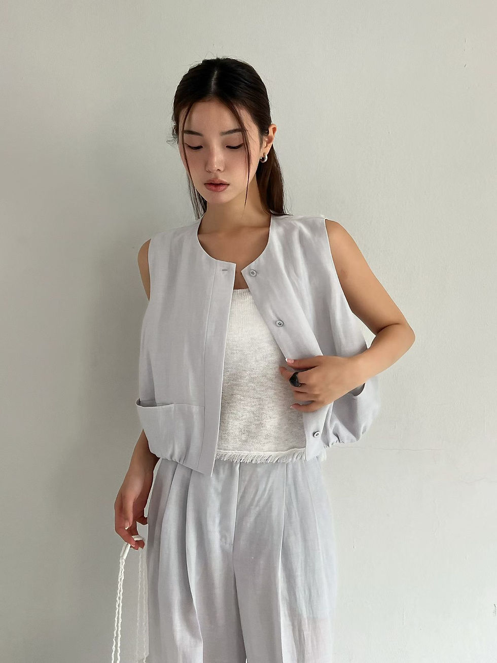 Thumbnail: Crewneck side pockets linen poly rayon vest