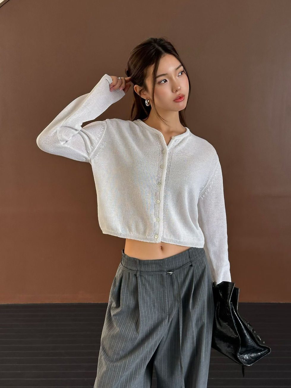 Thumbnail: Crewneck buttoned longsleeved nylon cotton cardigan  