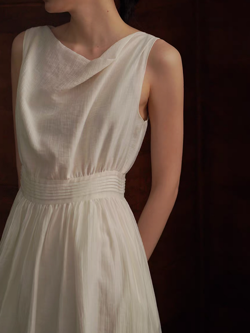 Ivory drape collar lyocell poly elasticated waistband sleeveless dress 5