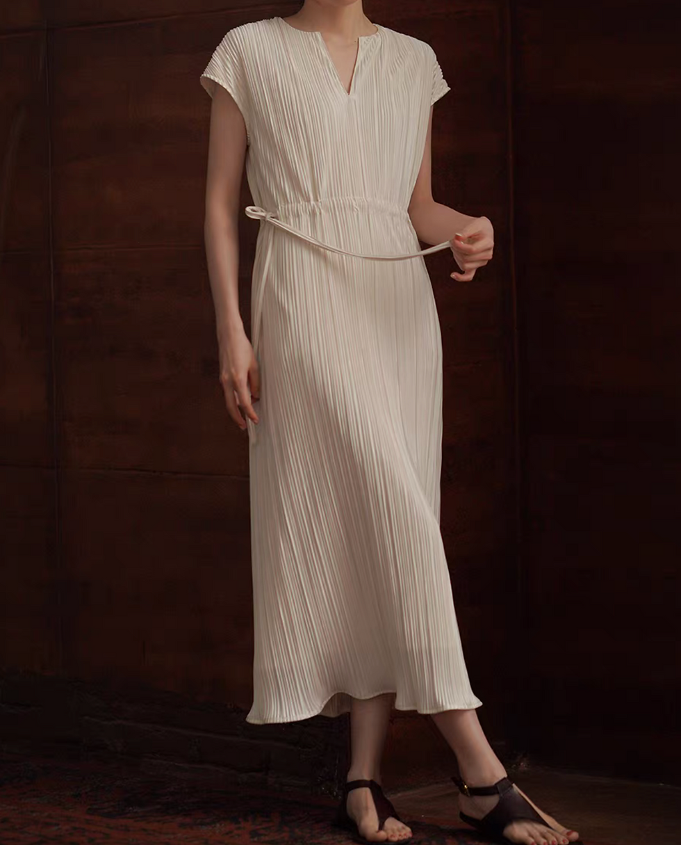 Thumbnail: Ivory ribbed waist drawstring poly rayon midi dress