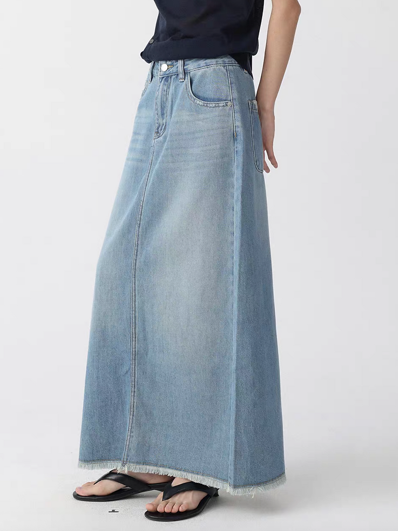 Acid washed frills trim A line back slit soft denim light blue skirt 8