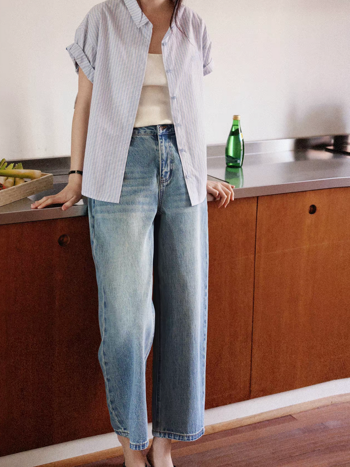 High waisted acid washed taper retro blue jeans 3
