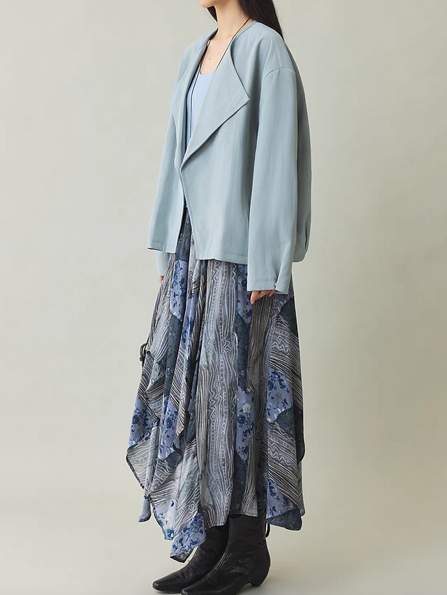 Pure tencel asymetric blue patterned fluid elasticated skirt 6