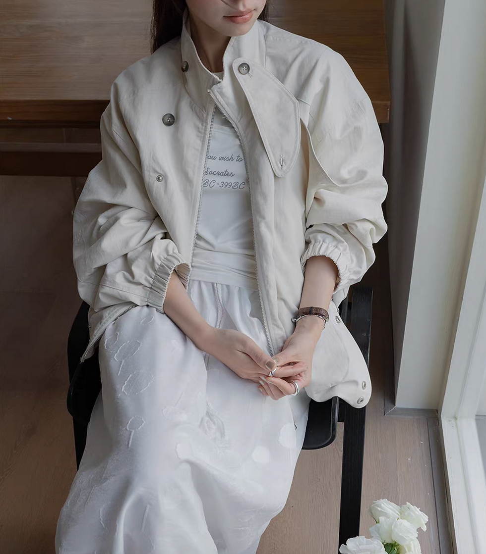 Thumbnail: Ivory two way overlapping mid length cotton rayon jacket