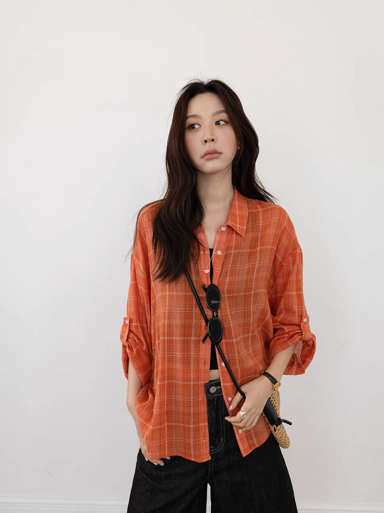 Pure cotton checker two way slightly sheer mid length shirt 8