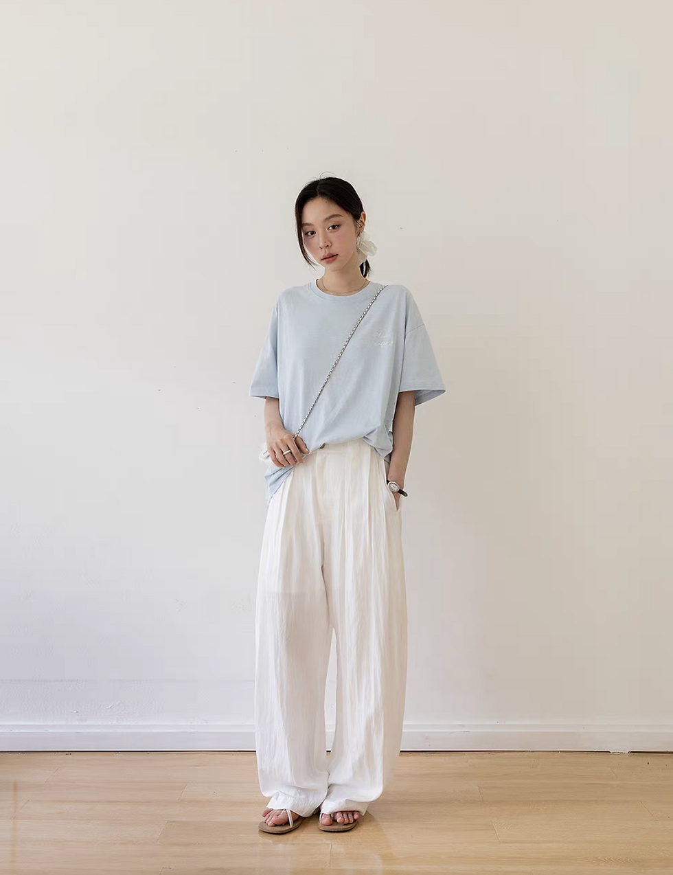 Thumbnail: Back buttoned strap tencel cotton rayon pleated straight pants