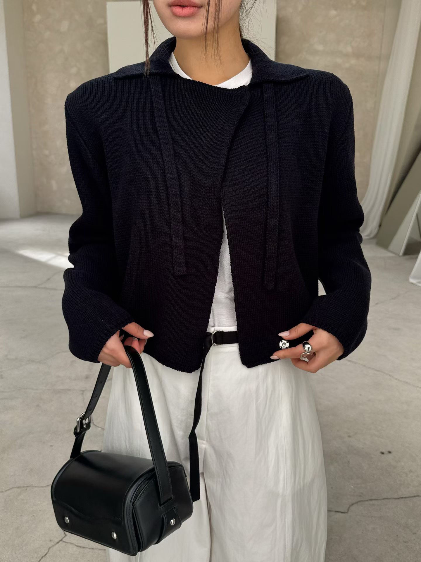 Drawstring polo linen acrylic knitted cardigan