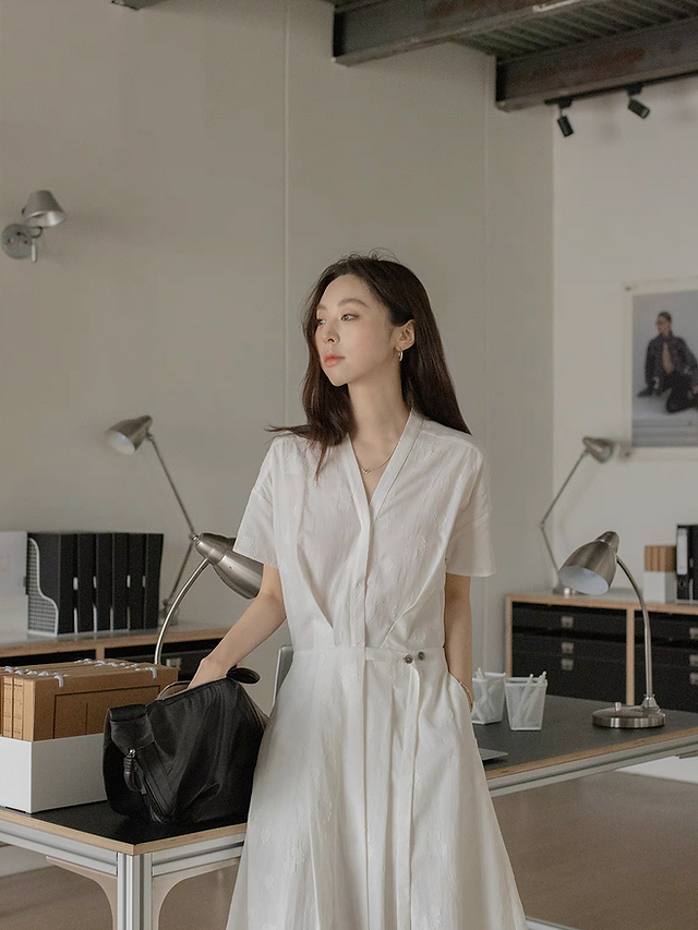 Belted floral V neck embossed cotton linen tencel asymmetric dress 6