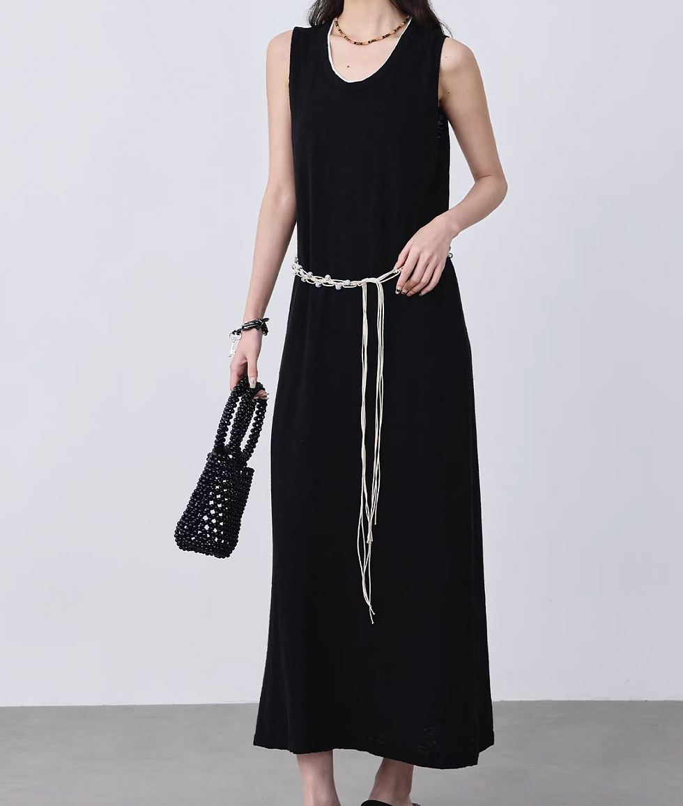 Thumbnail: Black U neck white trim knitted linen cotton sleeveless dress