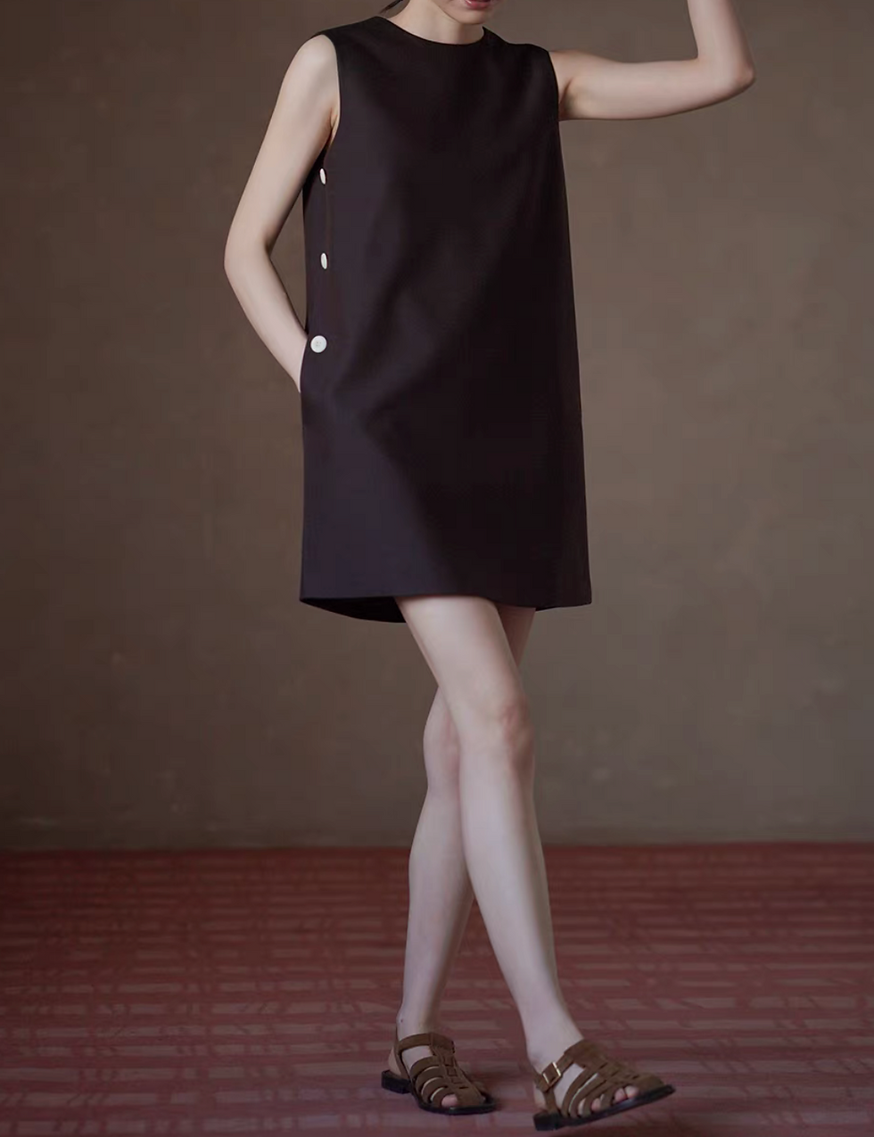 Thumbnail: Poly rayon back zipped crewneck side buttoned bordeaux sleeveless dress
