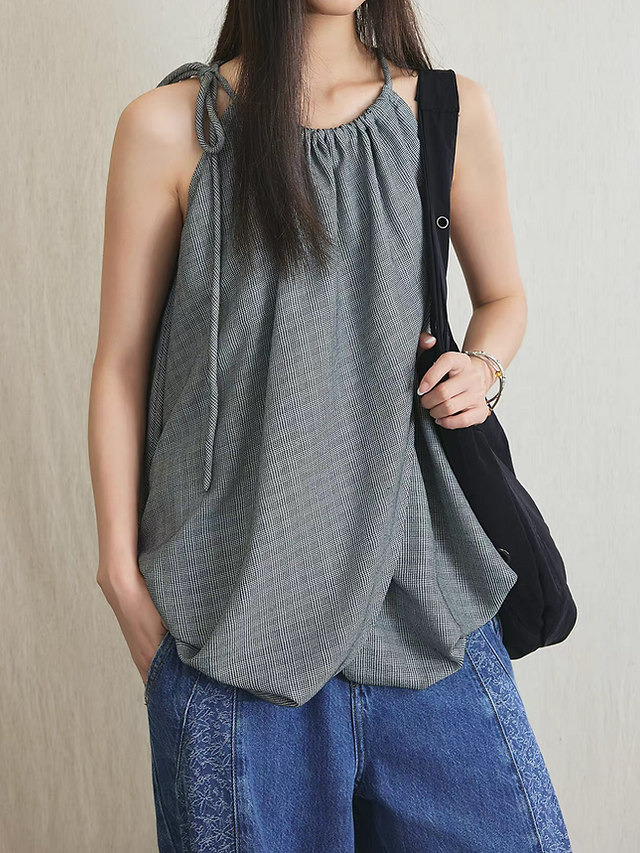 Checker halter shoulder drawstring poly rayon checker puff camisole 1