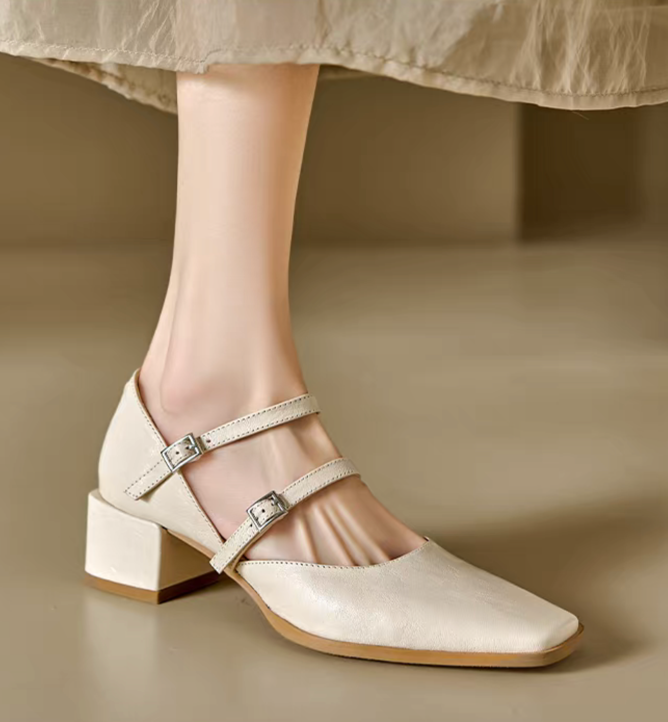 Lambskin square toe double straps Mary Janes